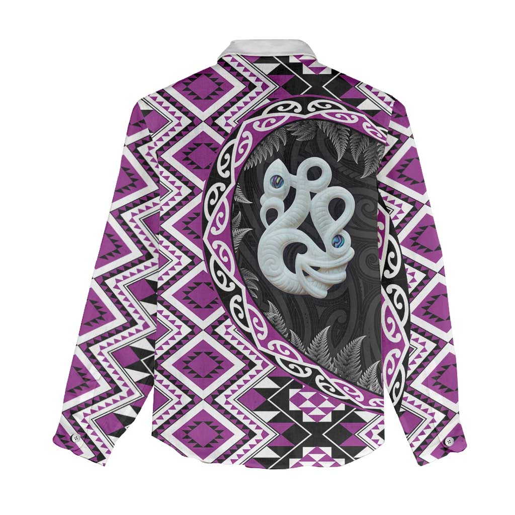 Purple Taniko Motif Aotearoa Manaia and Silver Fern Women Casual Shirt LT03 - Polynesian Pride