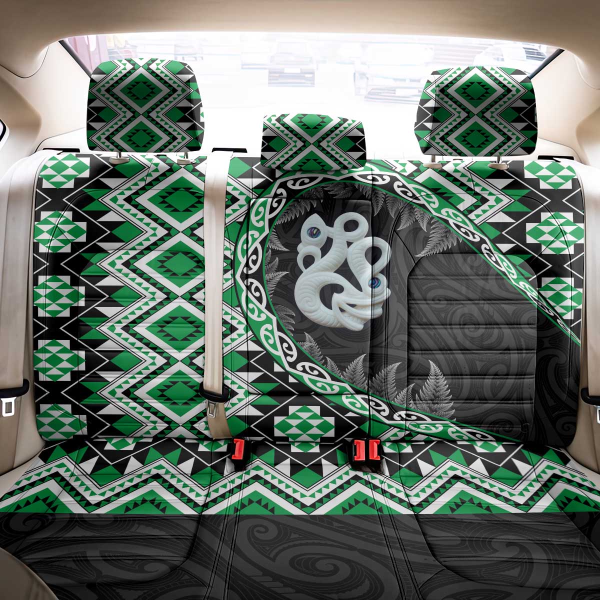 Green Taniko Motif Aotearoa Manaia and Silver Fern Back Car Seat Cover