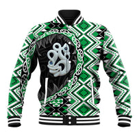 Green Taniko Motif Aotearoa Manaia and Silver Fern Baseball Jacket