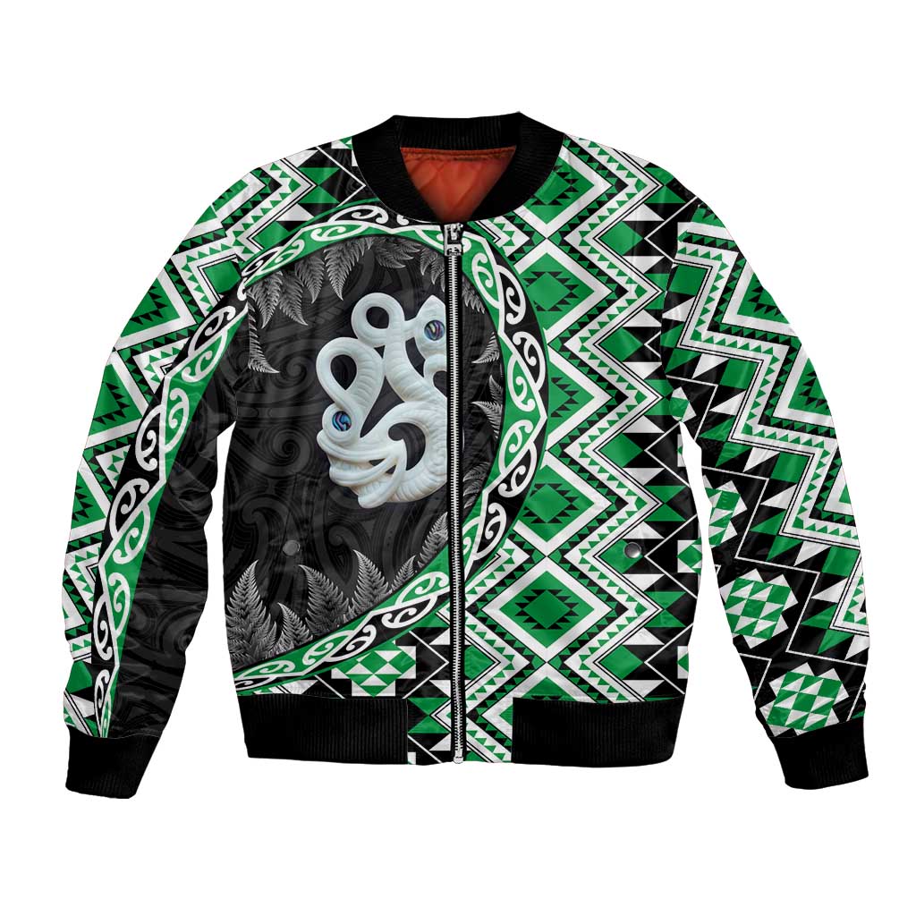 Green Taniko Motif Aotearoa Manaia and Silver Fern Bomber Jacket