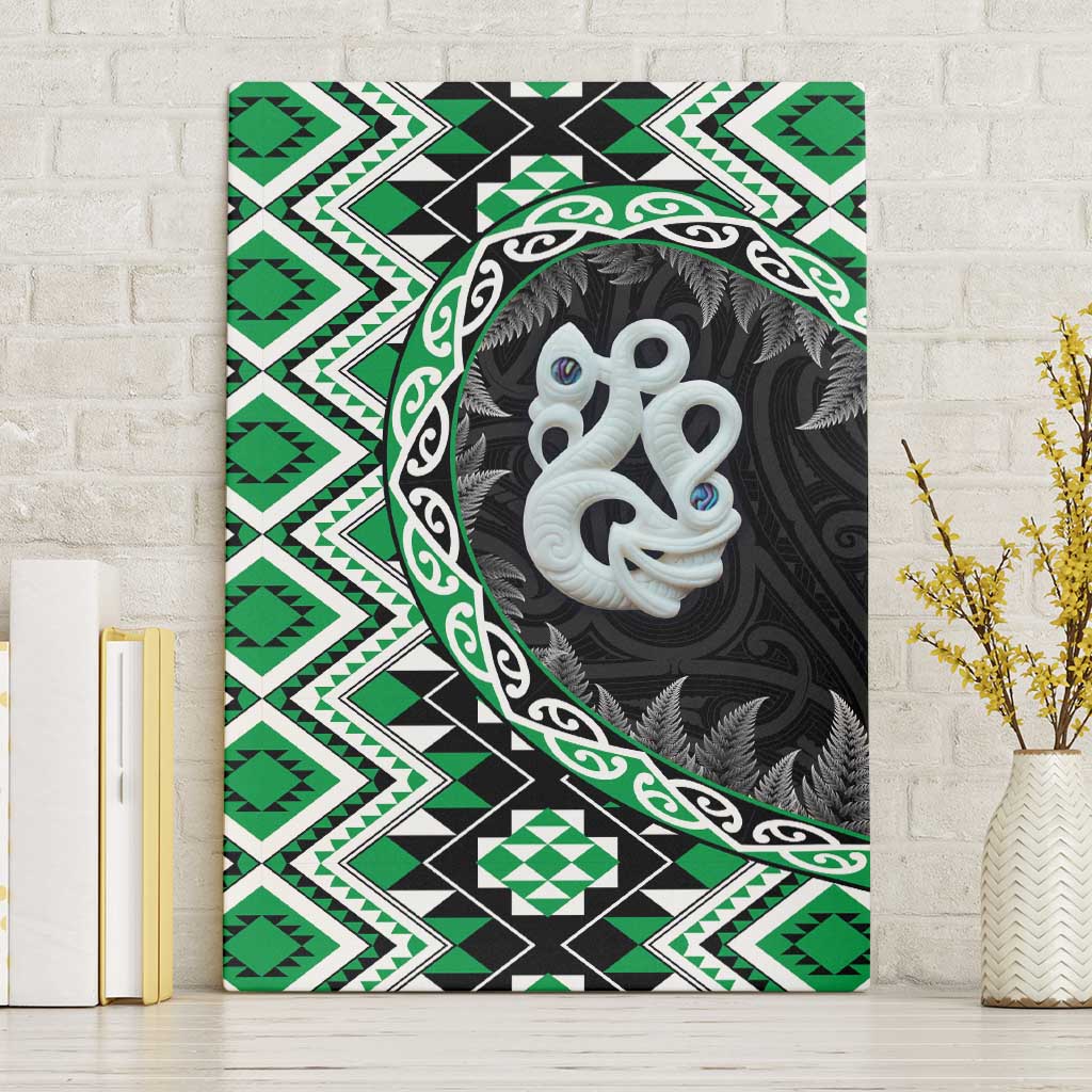 Green Taniko Motif Aotearoa Manaia and Silver Fern Canvas Wall Art