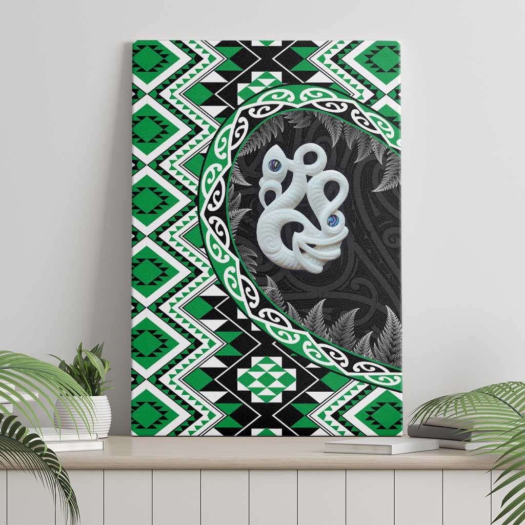 Green Taniko Motif Aotearoa Manaia and Silver Fern Canvas Wall Art