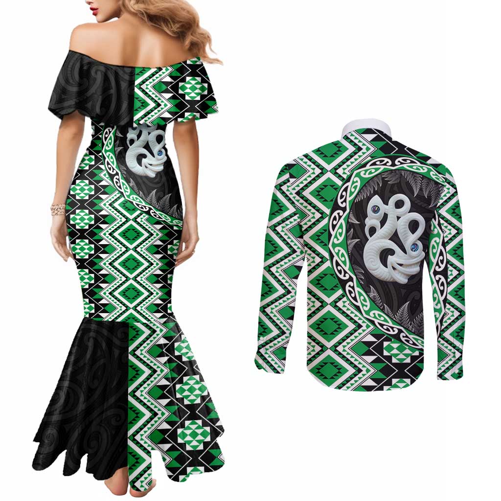 Green Taniko Motif Aotearoa Manaia and Silver Fern Couples Matching Mermaid Dress and Long Sleeve Button Shirt LT03 - Polynesian Pride