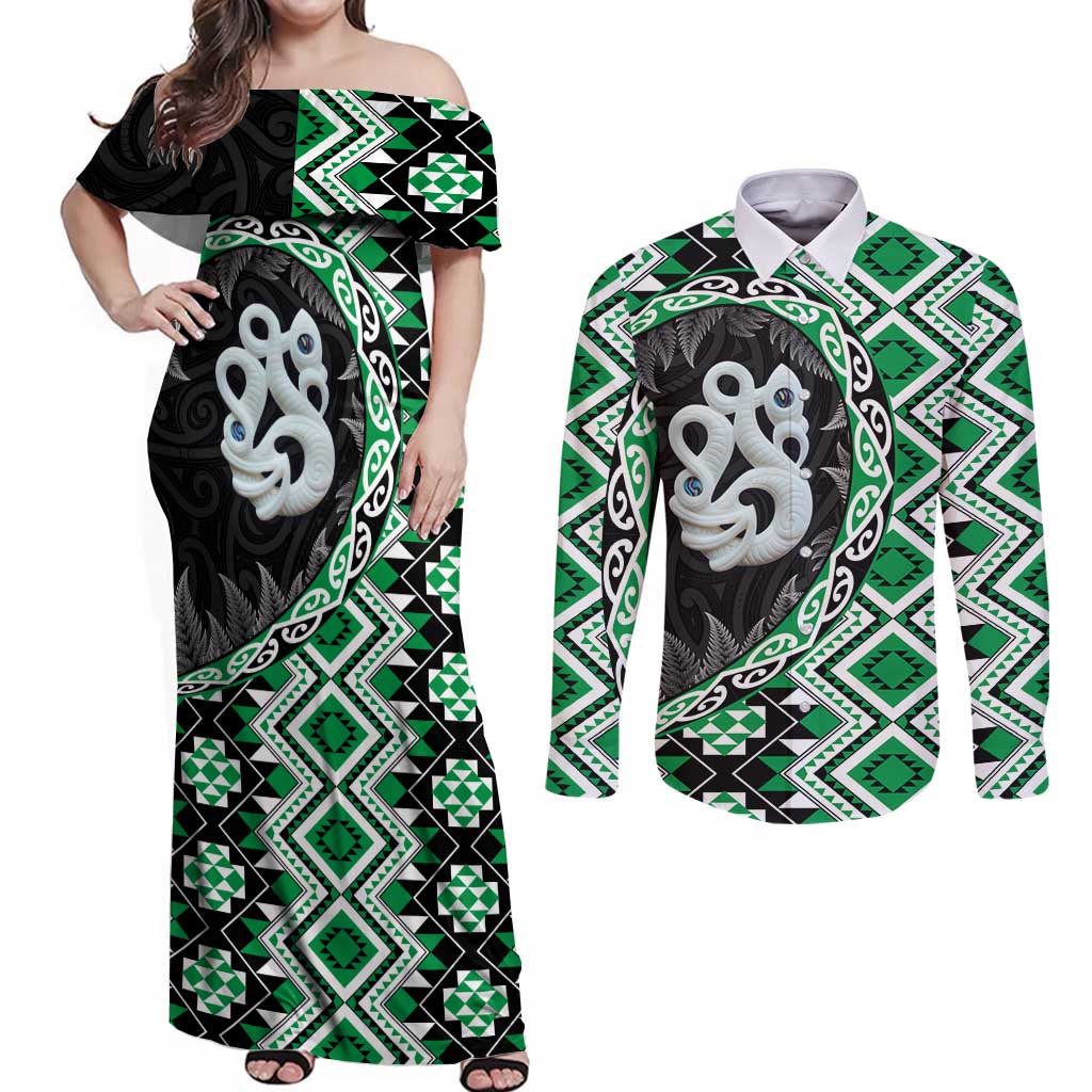 Green Taniko Motif Aotearoa Manaia and Silver Fern Couples Matching Off Shoulder Maxi Dress and Long Sleeve Button Shirt LT03 Green - Polynesian Pride