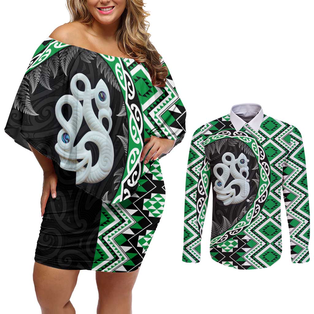 Green Taniko Motif Aotearoa Manaia and Silver Fern Couples Matching Off Shoulder Short Dress and Long Sleeve Button Shirt LT03 Green - Polynesian Pride