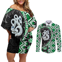 Green Taniko Motif Aotearoa Manaia and Silver Fern Couples Matching Off Shoulder Short Dress and Long Sleeve Button Shirt LT03 Green - Polynesian Pride