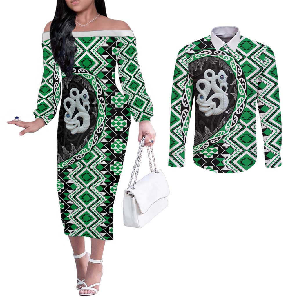 Green Taniko Motif Aotearoa Manaia and Silver Fern Couples Matching Off The Shoulder Long Sleeve Dress and Long Sleeve Button Shirt