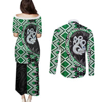 Green Taniko Motif Aotearoa Manaia and Silver Fern Couples Matching Puletasi and Long Sleeve Button Shirt LT03 - Polynesian Pride