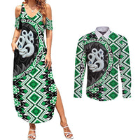 Green Taniko Motif Aotearoa Manaia and Silver Fern Couples Matching Summer Maxi Dress and Long Sleeve Button Shirt