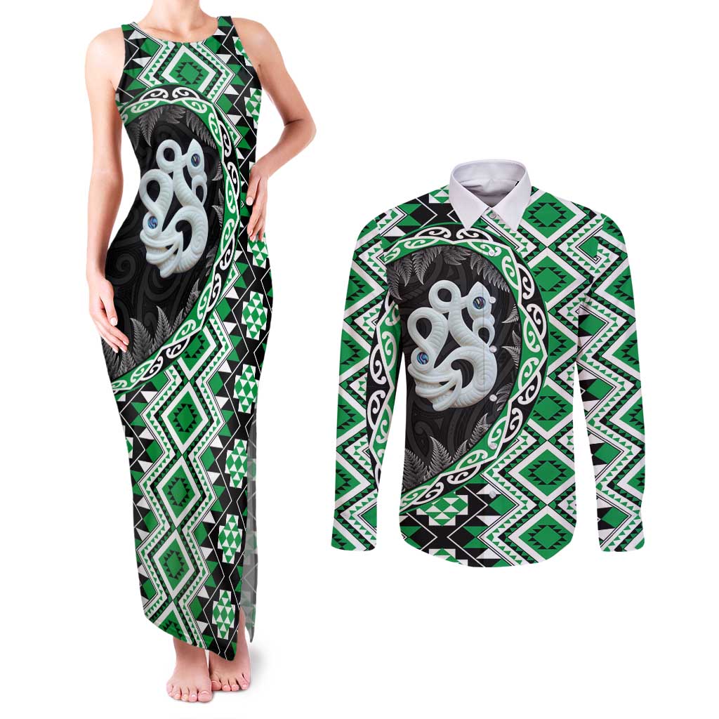 Green Taniko Motif Aotearoa Manaia and Silver Fern Couples Matching Tank Maxi Dress and Long Sleeve Button Shirt LT03 Green - Polynesian Pride