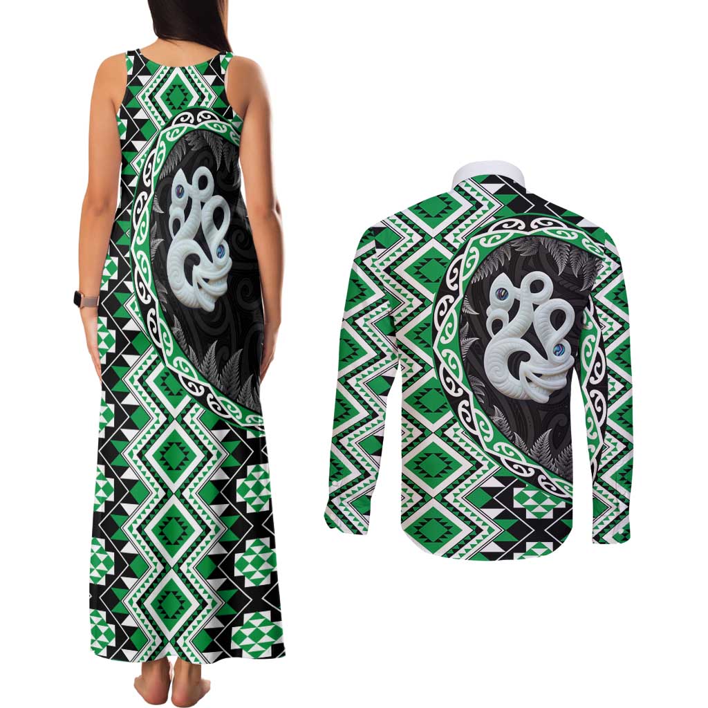 Green Taniko Motif Aotearoa Manaia and Silver Fern Couples Matching Tank Maxi Dress and Long Sleeve Button Shirt LT03 - Polynesian Pride