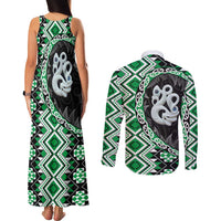 Green Taniko Motif Aotearoa Manaia and Silver Fern Couples Matching Tank Maxi Dress and Long Sleeve Button Shirt LT03 - Polynesian Pride
