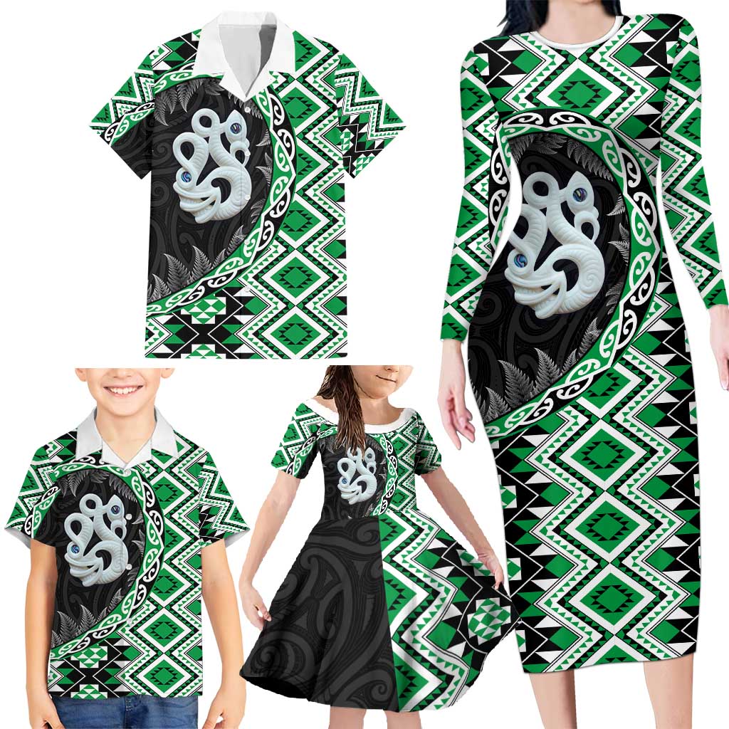 Green Taniko Motif Aotearoa Manaia and Silver Fern Family Matching Long Sleeve Bodycon Dress and Hawaiian Shirt LT03 - Polynesian Pride