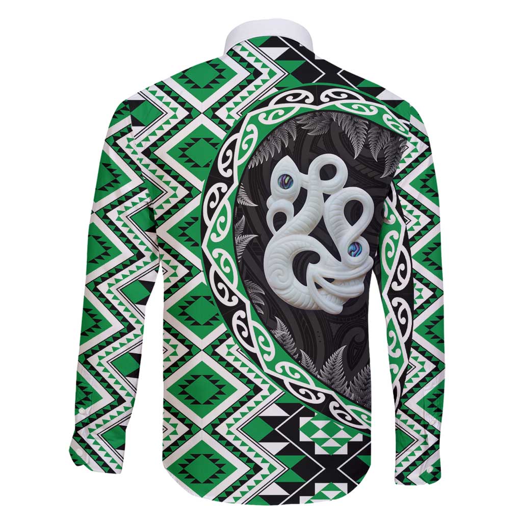 Green Taniko Motif Aotearoa Manaia and Silver Fern Family Matching Long Sleeve Bodycon Dress and Hawaiian Shirt LT03 - Polynesian Pride