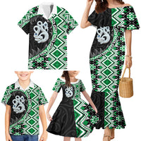 Green Taniko Motif Aotearoa Manaia and Silver Fern Family Matching Mermaid Dress and Hawaiian Shirt LT03 - Polynesian Pride