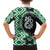 Green Taniko Motif Aotearoa Manaia and Silver Fern Family Matching Off The Shoulder Long Sleeve Dress and Hawaiian Shirt