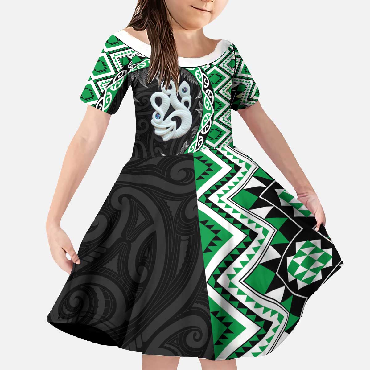 Green Taniko Motif Aotearoa Manaia and Silver Fern Family Matching Off The Shoulder Long Sleeve Dress and Hawaiian Shirt