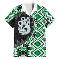 Green Taniko Motif Aotearoa Manaia and Silver Fern Family Matching Off The Shoulder Long Sleeve Dress and Hawaiian Shirt