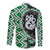 Green Taniko Motif Aotearoa Manaia and Silver Fern Family Matching Off The Shoulder Long Sleeve Dress and Hawaiian Shirt