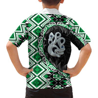 Green Taniko Motif Aotearoa Manaia and Silver Fern Family Matching Off Shoulder Maxi Dress and Hawaiian Shirt LT03 - Polynesian Pride