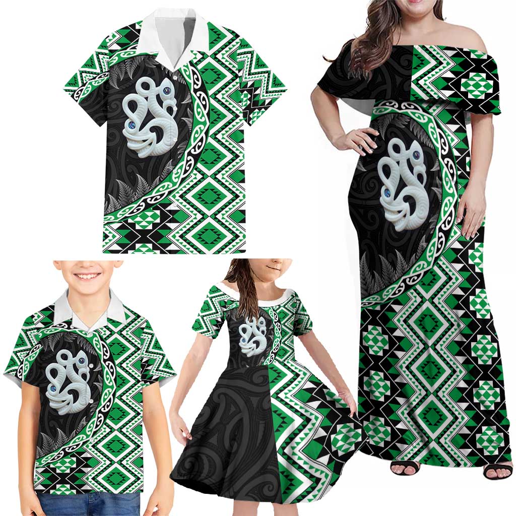 Green Taniko Motif Aotearoa Manaia and Silver Fern Family Matching Off Shoulder Maxi Dress and Hawaiian Shirt LT03 - Polynesian Pride