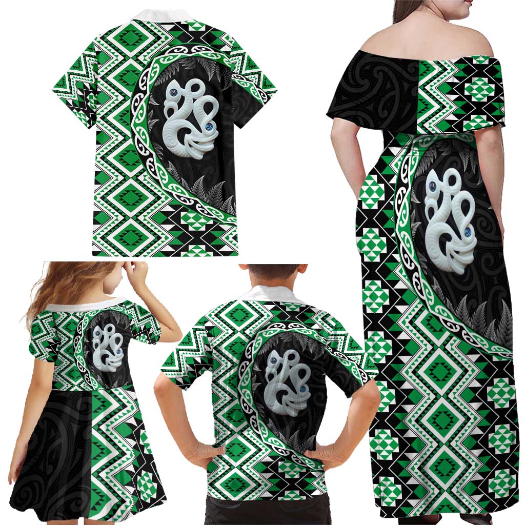 Green Taniko Motif Aotearoa Manaia and Silver Fern Family Matching Off Shoulder Maxi Dress and Hawaiian Shirt LT03 - Polynesian Pride