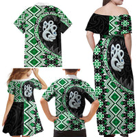 Green Taniko Motif Aotearoa Manaia and Silver Fern Family Matching Off Shoulder Maxi Dress and Hawaiian Shirt LT03 - Polynesian Pride