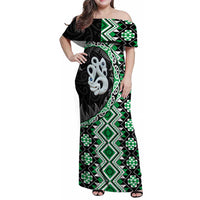 Green Taniko Motif Aotearoa Manaia and Silver Fern Family Matching Off Shoulder Maxi Dress and Hawaiian Shirt LT03 Mom's Dress Green - Polynesian Pride