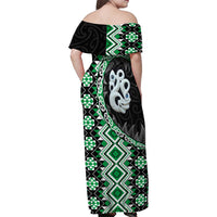 Green Taniko Motif Aotearoa Manaia and Silver Fern Family Matching Off Shoulder Maxi Dress and Hawaiian Shirt LT03 - Polynesian Pride