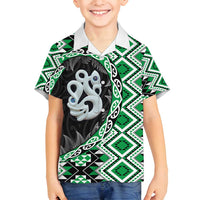 Green Taniko Motif Aotearoa Manaia and Silver Fern Family Matching Off Shoulder Maxi Dress and Hawaiian Shirt LT03 Son's Shirt Green - Polynesian Pride