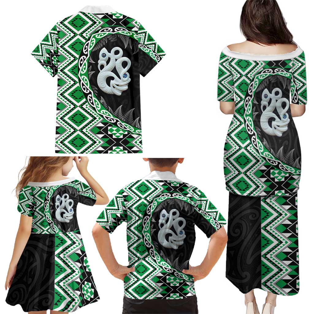 Green Taniko Motif Aotearoa Manaia and Silver Fern Family Matching Puletasi and Hawaiian Shirt LT03 - Polynesian Pride