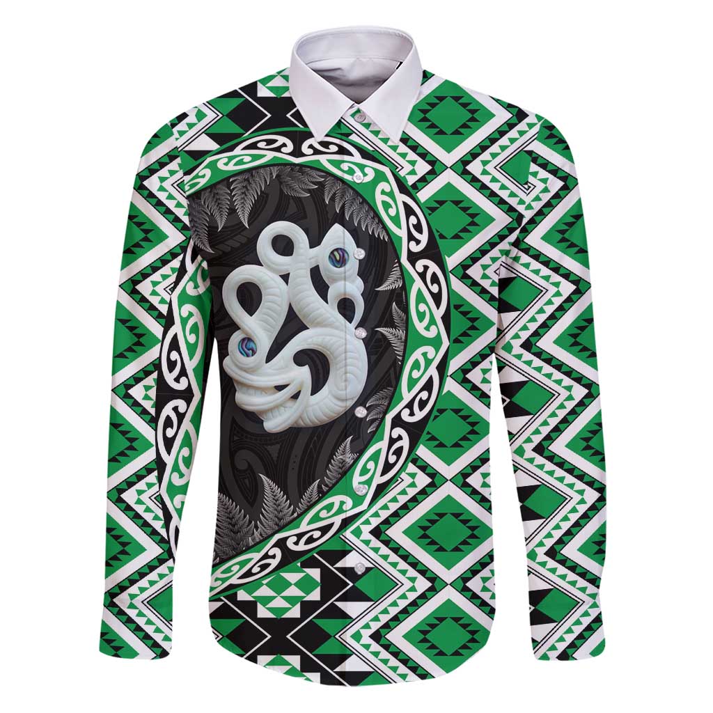 Green Taniko Motif Aotearoa Manaia and Silver Fern Family Matching Puletasi and Hawaiian Shirt LT03 Dad's Shirt - Long Sleeve Green - Polynesian Pride