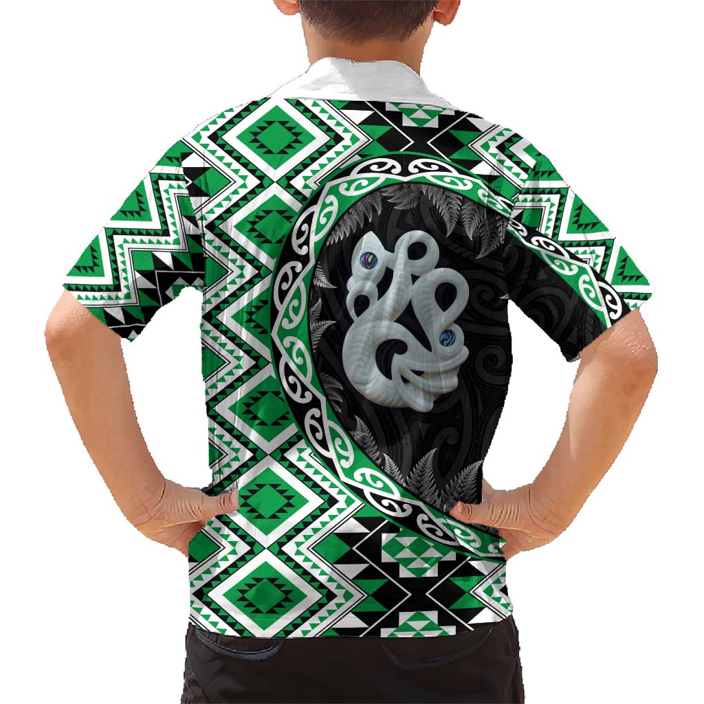 Green Taniko Motif Aotearoa Manaia and Silver Fern Family Matching Short Sleeve Bodycon Dress and Hawaiian Shirt LT03 - Polynesian Pride