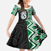 Green Taniko Motif Aotearoa Manaia and Silver Fern Family Matching Summer Maxi Dress and Hawaiian Shirt LT03 Daughter's Dress Green - Polynesian Pride