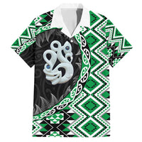 Green Taniko Motif Aotearoa Manaia and Silver Fern Family Matching Summer Maxi Dress and Hawaiian Shirt LT03 Dad's Shirt - Short Sleeve Green - Polynesian Pride