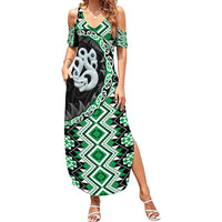 Green Taniko Motif Aotearoa Manaia and Silver Fern Family Matching Summer Maxi Dress and Hawaiian Shirt LT03 Mom's Dress Green - Polynesian Pride