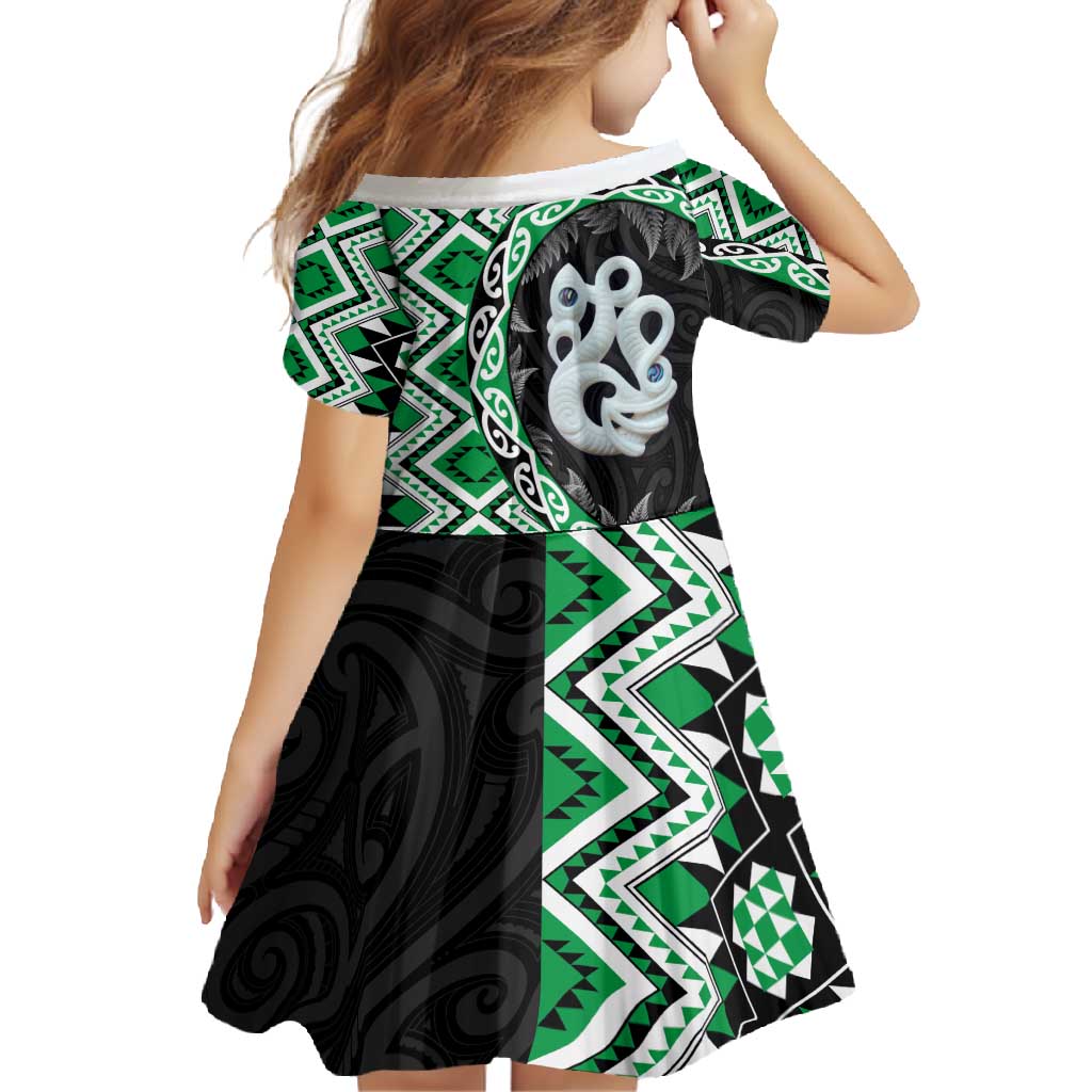 Green Taniko Motif Aotearoa Manaia and Silver Fern Family Matching Tank Maxi Dress and Hawaiian Shirt LT03 - Polynesian Pride