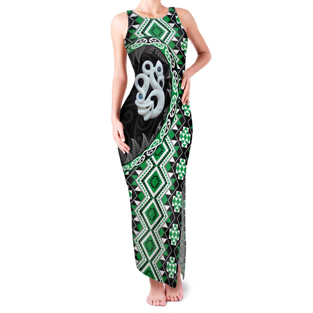 Green Taniko Motif Aotearoa Manaia and Silver Fern Family Matching Tank Maxi Dress and Hawaiian Shirt LT03 Mom's Dress Green - Polynesian Pride