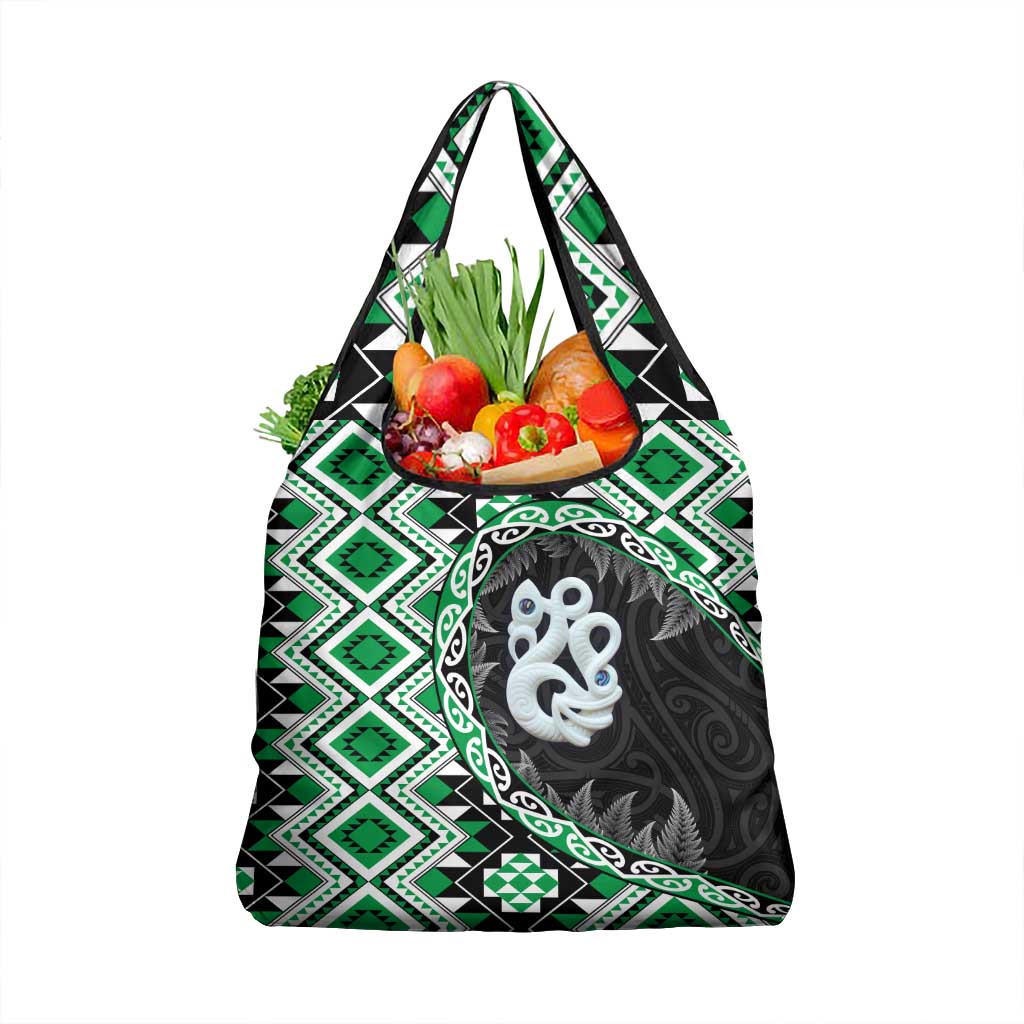 Green Taniko Motif Aotearoa Manaia and Silver Fern Grocery Bag LT03 1-pack One Size Green - Polynesian Pride