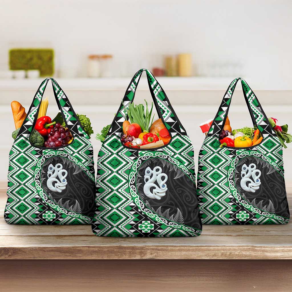 Green Taniko Motif Aotearoa Manaia and Silver Fern Grocery Bag LT03 3-pack One Size Green - Polynesian Pride