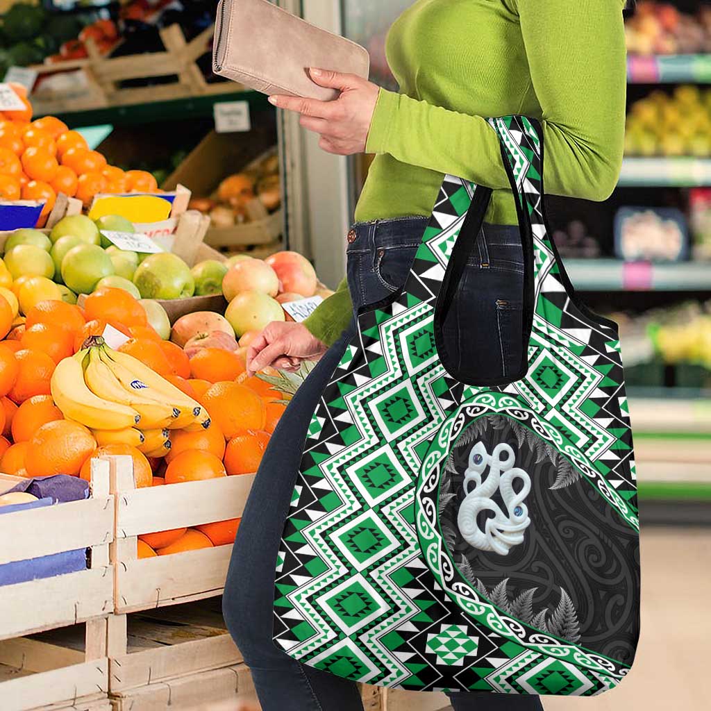 Green Taniko Motif Aotearoa Manaia and Silver Fern Grocery Bag LT03 - Polynesian Pride