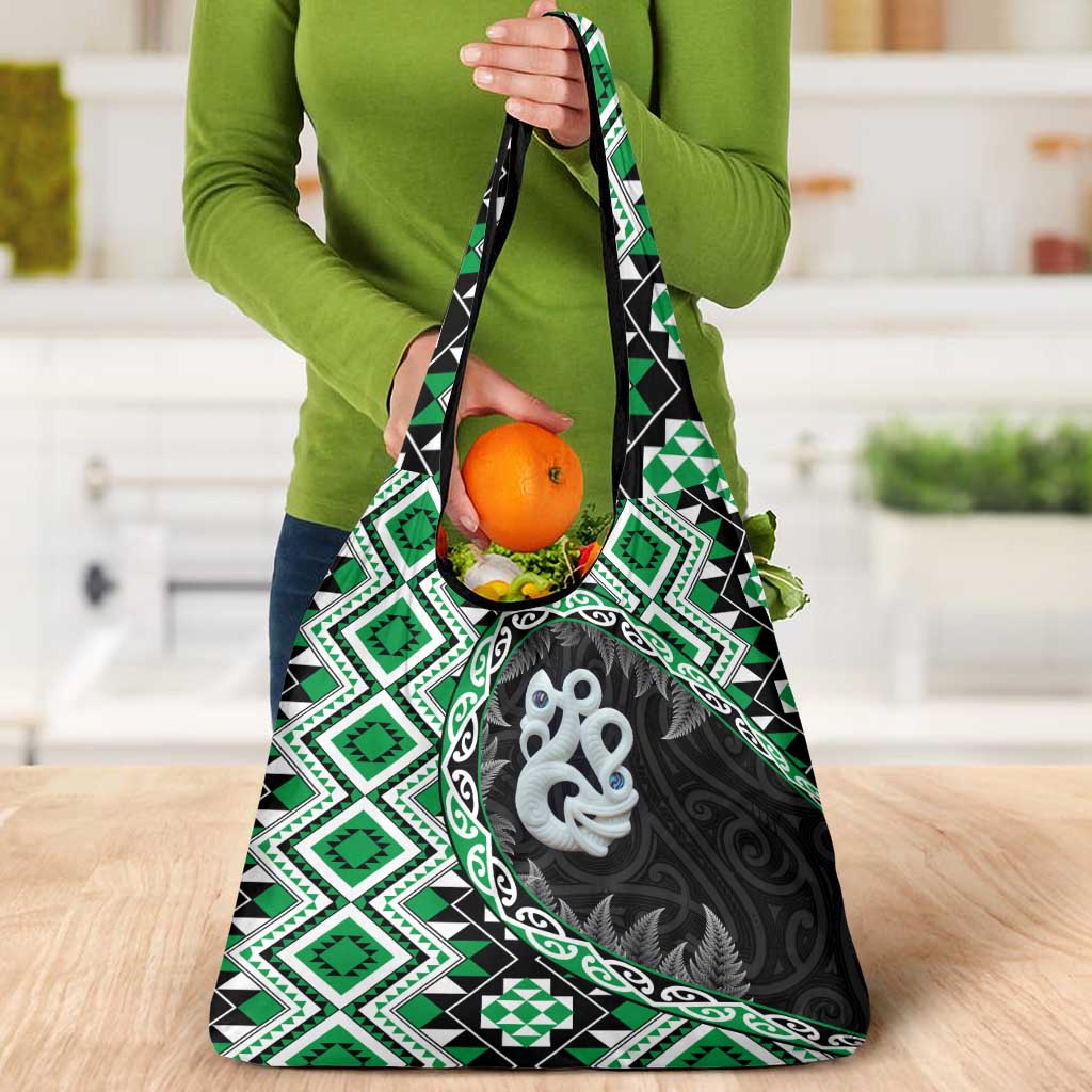 Green Taniko Motif Aotearoa Manaia and Silver Fern Grocery Bag LT03 - Polynesian Pride