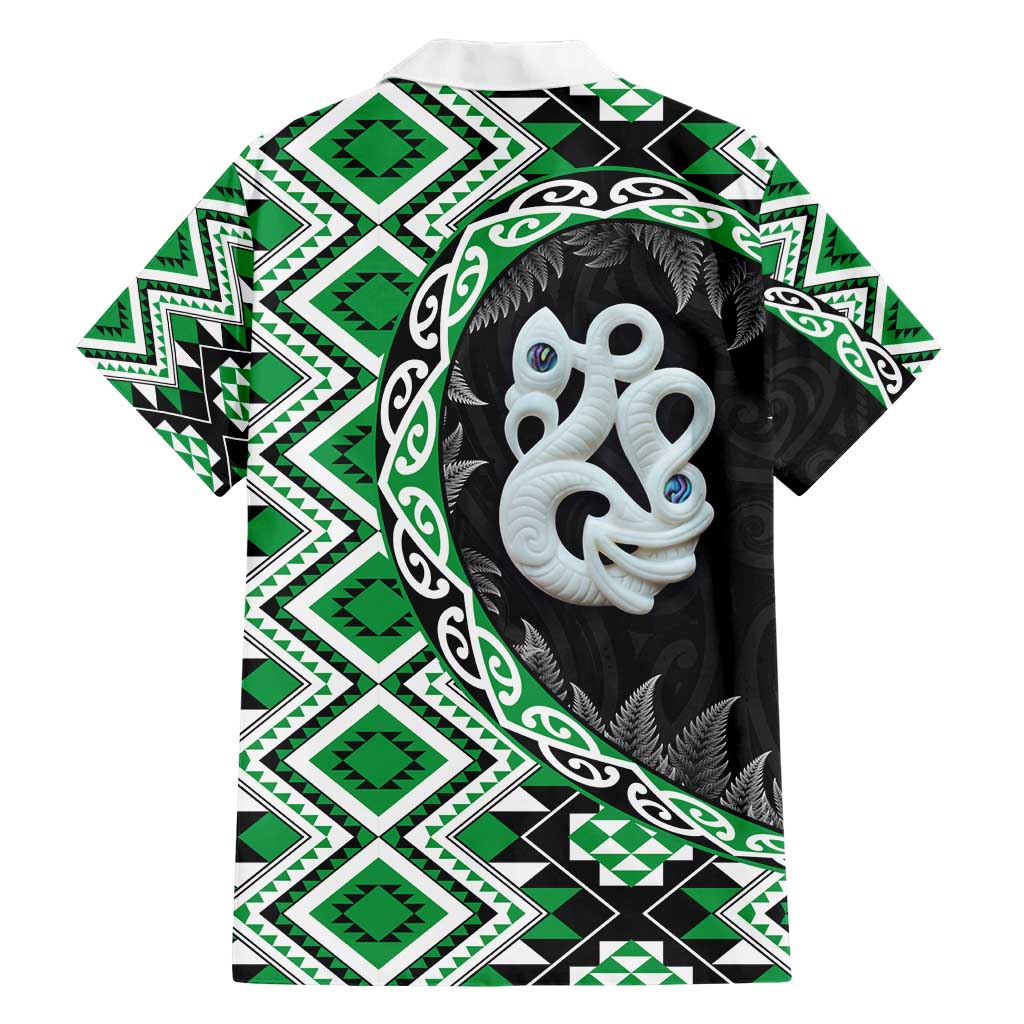 Green Taniko Motif Aotearoa Manaia and Silver Fern Hawaiian Shirt