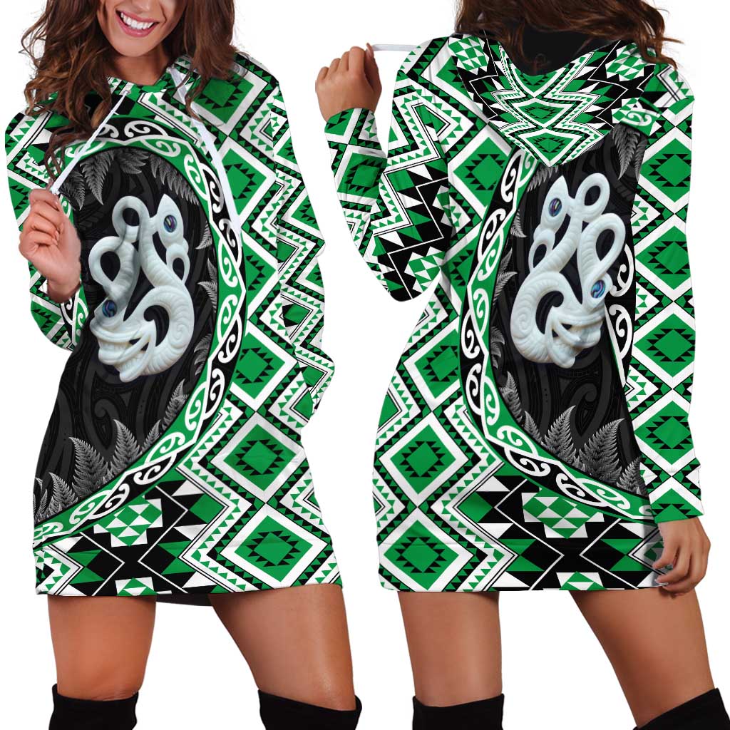 Green Taniko Motif Aotearoa Manaia and Silver Fern Hoodie Dress