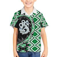 Green Taniko Motif Aotearoa Manaia and Silver Fern Kid Hawaiian Shirt LT03 Kid Green - Polynesian Pride