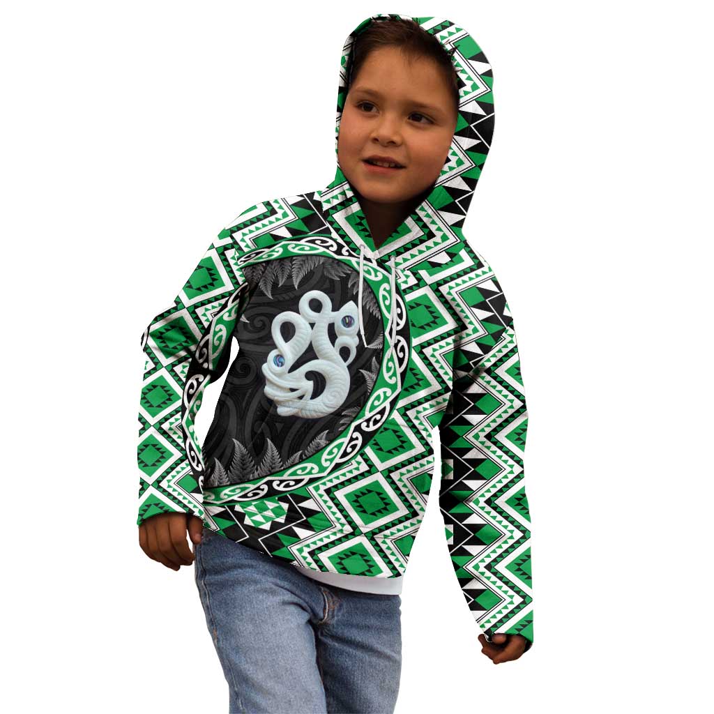 Green Taniko Motif Aotearoa Manaia and Silver Fern Kid Hoodie