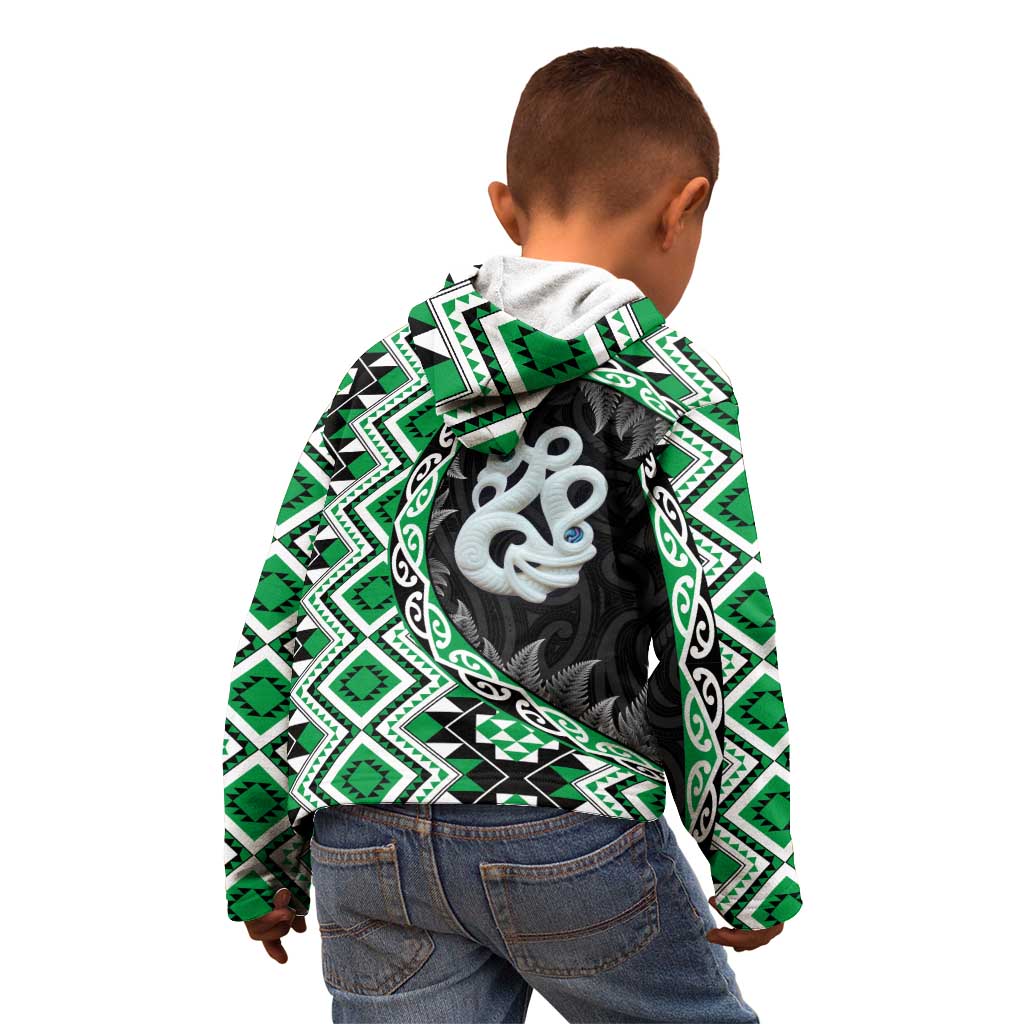 Green Taniko Motif Aotearoa Manaia and Silver Fern Kid Hoodie