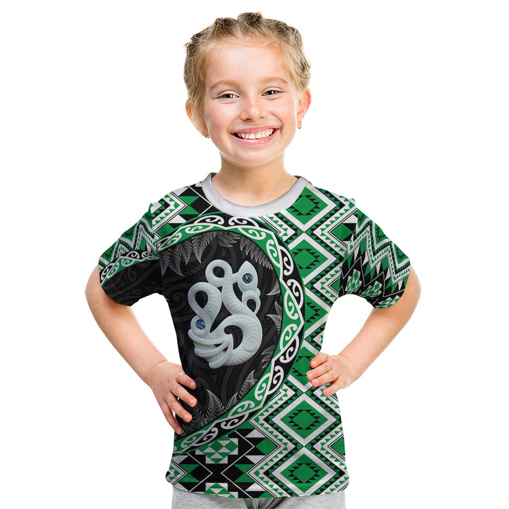 Green Taniko Motif Aotearoa Manaia and Silver Fern Kid T Shirt LT03 Green - Polynesian Pride