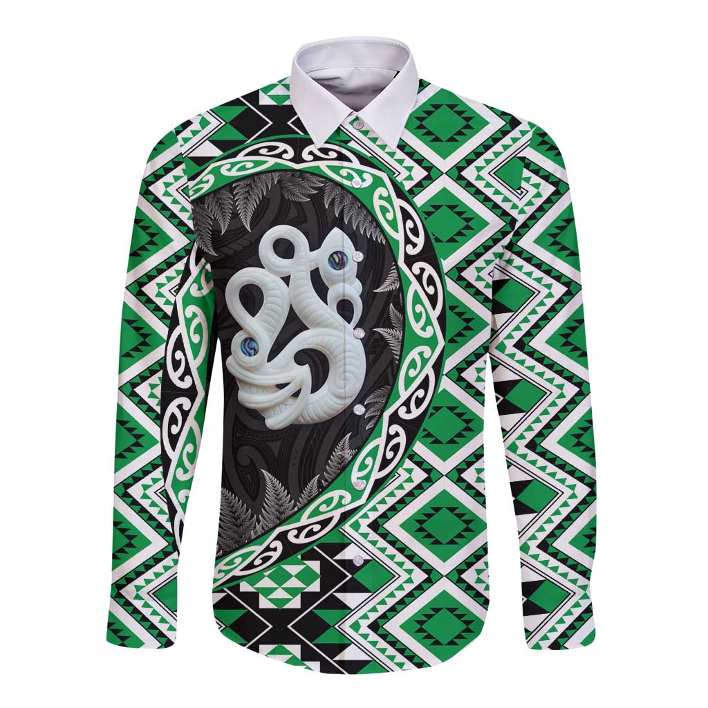Green Taniko Motif Aotearoa Manaia and Silver Fern Long Sleeve Button Shirt LT03 Unisex Green - Polynesian Pride