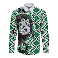 Green Taniko Motif Aotearoa Manaia and Silver Fern Long Sleeve Button Shirt LT03 Unisex Green - Polynesian Pride
